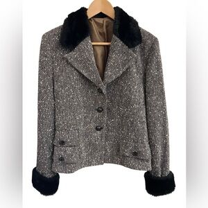MADE IN ITALY Wool Tweed Faux Fur Jacket 44IT/ US MED Luxury Heritage Retro